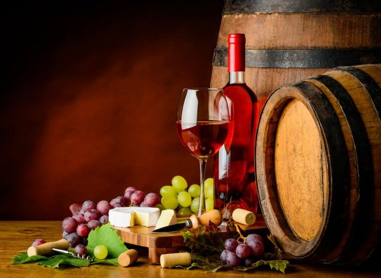 Rose Wine, Grapes and Cheese