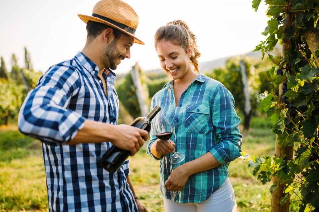 Wine growers tasting wine in vineyard nature